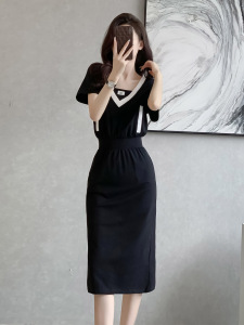 RM9616#黑色休闲连衣裙女夏季2023新款收腰显瘦气质连帽减龄中长款裙子