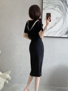 RM9616#黑色休闲连衣裙女夏季2023新款收腰显瘦气质连帽减龄中长款裙子