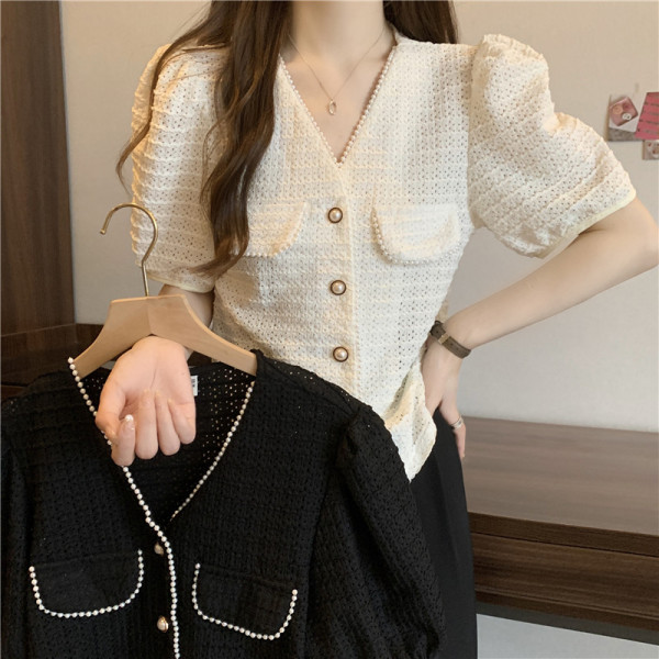 RM9220#韩版小香风高级感设计V领泡珠百搭衬衫蕾丝短袖开衫