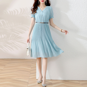 TR31915# 蓝色V领雪纺连衣裙女夏装新款短袖优雅中长百褶裙子