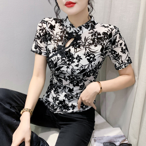 RM12364#夏季新款中国风立领盘扣网纱植绒不规则短袖蕾丝上衣