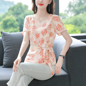 RM10913#女装夏季新款妈妈装短袖印花收腰上衣