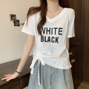 RM9748#胖妹妹短袖上衣潮2023夏新款韩版拼接蕾丝V领短袖T恤女上衣