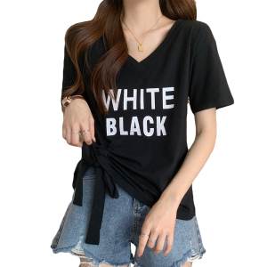RM9748#胖妹妹短袖上衣潮2023夏新款韩版拼接蕾丝V领短袖T恤女上衣