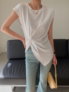 RM11109#酒窝定制白色独特别致T恤女夏季新款无袖不规则体恤收腰显瘦上衣