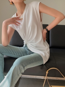 TR31766# 酒窝定制白色独特别致T恤女夏季新款无袖不规则体恤收腰显瘦上衣