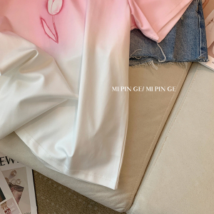 RM8814#棉渐变色郁金香圆领短袖T恤女夏季甜美短袖上衣