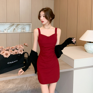 RM14339#新款港风复古氛围感红色吊带连衣裙女气质设计感