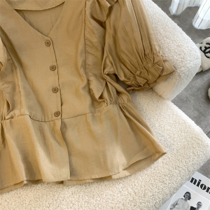TR25852# 韩国东大门V领娃娃衬衫女夏季新款短款甜美上衣 服装批发女装服饰货源