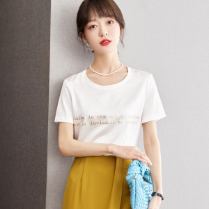 RM21012#高级感真丝T恤女夏季短袖2023新蚕丝白色字母上衣