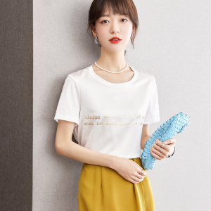 RM21012#高级感真丝T恤女夏季短袖2023新蚕丝白色字母上衣