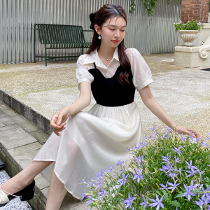 TR38833# 法式拼接假两件短袖连衣裙女夏温柔气质衬衫裙收腰显瘦翻领长裙子 服装批发女装批发服饰货源