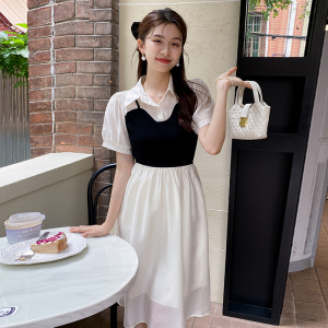TR38833# 法式拼接假两件短袖连衣裙女夏温柔气质衬衫裙收腰显瘦翻领长裙子 服装批发女装批发服饰货源