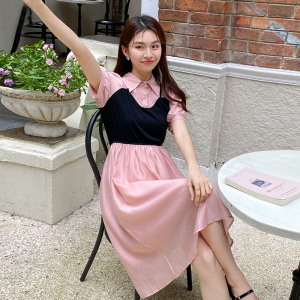TR38833# 法式拼接假两件短袖连衣裙女夏温柔气质衬衫裙收腰显瘦翻领长裙子 服装批发女装批发服饰货源