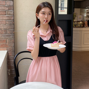 TR38833# 法式拼接假两件短袖连衣裙女夏温柔气质衬衫裙收腰显瘦翻领长裙子 服装批发女装批发服饰货源
