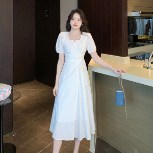 RM11868#夏季新款韩版赫本风短袖小黑裙子泡泡袖连衣裙女超修身中长裙
