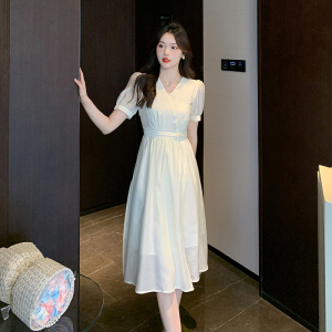 RM11870#夏季新款新中式国风盘扣短袖V领A字连衣裙简约小清新旅拍裙