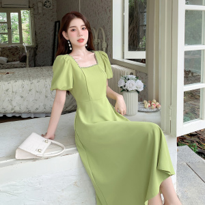 RM9477#夏季新款法式方领镶钻连衣裙收腰显瘦气质修身中长裙