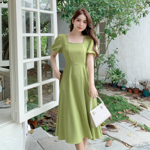 RM9477#夏季新款法式方领镶钻连衣裙收腰显瘦气质修身中长裙