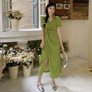 RM11340#胖妹妹夏季氛围感不规则开叉裙设计收腰性感显瘦连衣裙
