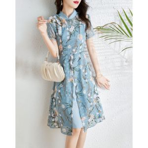 RM13579#夏季新款改良旗袍时尚通勤文艺气质复古优雅开叉设计连衣裙