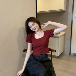 RM19244#32s双纱220g 95%棉 5%氨纶方领短袖T恤女夏ins短款女上衣