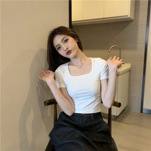RM19244#32s双纱220g 95%棉 5%氨纶方领短袖T恤女夏ins短款女上衣