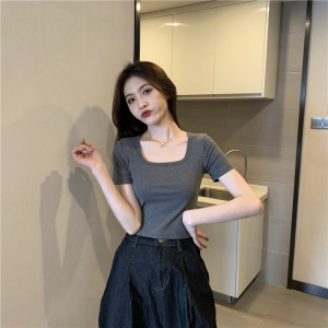 RM19244#32s双纱220g 95%棉 5%氨纶方领短袖T恤女夏ins短款女上衣