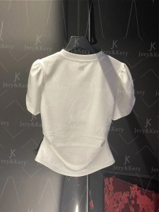 TR29897# 欧洲站夏季时尚洋气设计感小个子显瘦泡泡袖链条荷叶边T恤女 服装批发女装服饰货源
