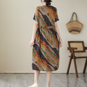 RM16242#棉麻 夏季印花宽松圆领短袖连衣裙