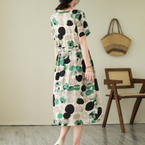 RM16243# 棉麻印花瑞丽甜美淑女夏季短袖连衣裙