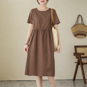 RM16244#夏季短袖宽松苎麻圆领连衣裙