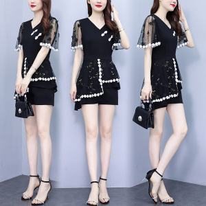 RM16644#大码女装2023夏季新款韩版蕾丝短袖网纱拼接上衣+短裤两件套