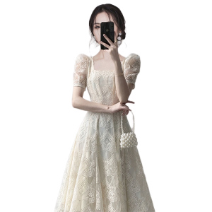 RM8856#甜美淑女X型中长裙夏季泡泡袖短袖连衣裙