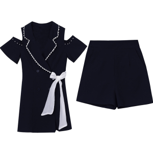RM9458#大码女装修身显瘦超修身淑女短袖西装领夏季上衣+短裤套装