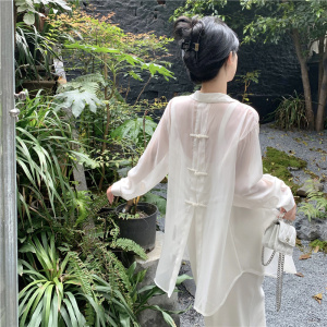 RM8850#夏季新款法式温柔风珍珠盘扣设计防晒宽松雪纺衫