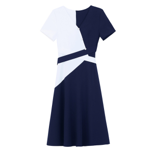 RM9457#大码女装拼接减龄时尚淑女超修身V领夏季套头连衣裙短袖