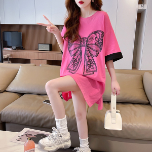 TR25986# 韩版中长款撞色拼接短袖T恤女 女装批发服装批发直播货源