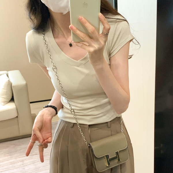 RM13153#韩版休闲简约百搭显瘦纯色V领短袖T恤女弹力修身