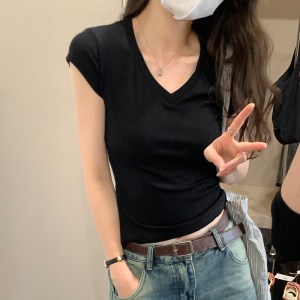 RM13153#韩版休闲简约百搭显瘦纯色V领短袖T恤女弹力修身
