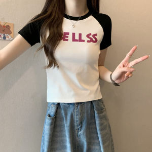RM9054#美式复古撞色减龄洋气插肩袖字母纯棉T恤女显瘦百搭短款上衣