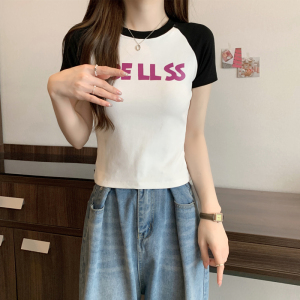 RM9054#美式复古撞色减龄洋气插肩袖字母纯棉T恤女显瘦百搭短款上衣