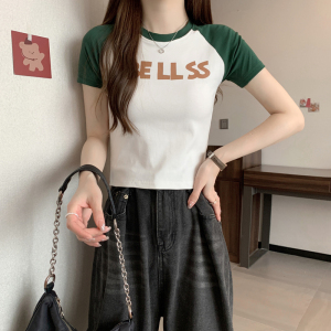 RM9054#美式复古撞色减龄洋气插肩袖字母纯棉T恤女显瘦百搭短款上衣