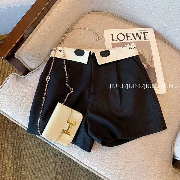 RM8816#酷丝棉设计感翻边黑色休闲西装短裤女夏季撞色直筒裤