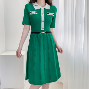 RM22786#小香风Polo领针织连衣裙女2023新款法式高级感收腰显瘦气质中长裙