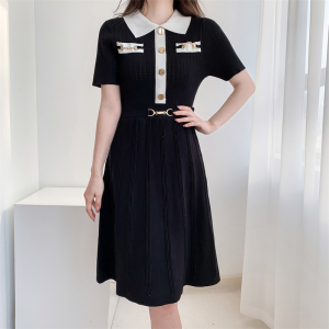 RM22786#小香风Polo领针织连衣裙女2023新款法式高级感收腰显瘦气质中长裙