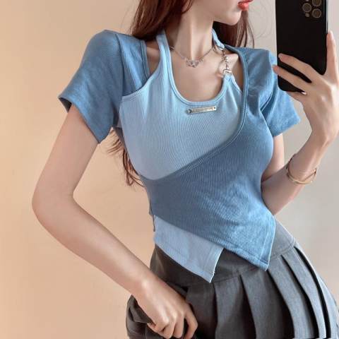 Threaded Sweet and Spicy Short Sleeve T-shirt Women's Summer Unique and Chic Cross Irregular Contrast Color Short Top