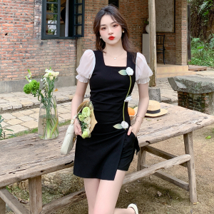 RM9308#夏季拼接花朵甜美设计感时尚小众气质连衣裙短裤两件套