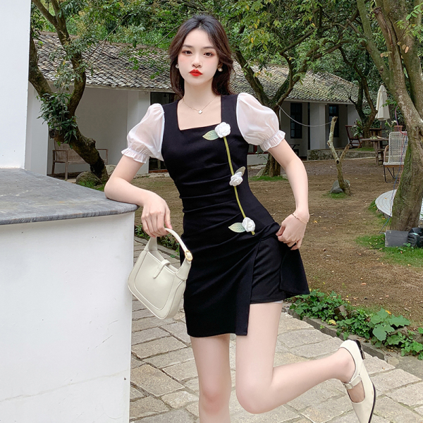 RM9308#夏季拼接花朵甜美设计感时尚小众气质连衣裙短裤两件套
