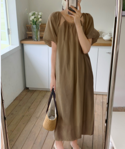 RM10123#复古休闲慵懒风镂空圆领宽松短袖连衣裙